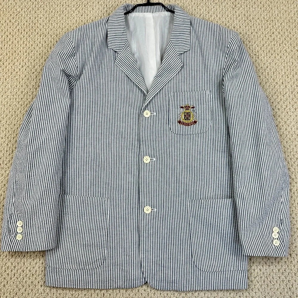 Vtg Toppe Sportscoat Mens L Blue/White Seersucker Jacket Blazer Embroider Crest